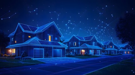 Poster - Suburban homes glow with light in this conceptual wireframe image. Constellations connect, symbolizing interconnectedness. Houses stand neatly in formation. Abstract wireframe in dark blue