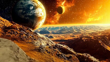 Wall Mural - Cosmic Landscape with Planets, Stars, and Mountain Terrain