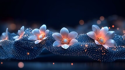 Poster - Stylized glowing flowers rest on a wave of interconnected dots and lines against a dark background. Translucent petals and warm centers create a dreamy, ethereal feel. Abstract wireframe in dark blue.
