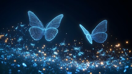 Fototapete - A futuristic, bioluminescent landscape unfolds with glowing flora and wireframe butterflies under a dark sky. Illuminated structures mimic dandelions. Abstract wireframe in dark blue