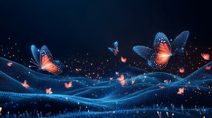 Aufkleber - A captivating digital landscape unfolds with wireframe butterflies gracing stylized blue waves under a night sky, enhanced by glowing particles. Abstract wireframe in dark blue