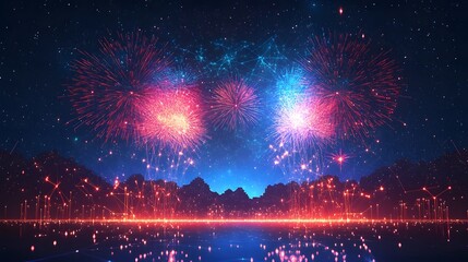 Poster - Futuristic cityscape illuminated by vibrant fireworks and interconnected light networks. Reflective water enhances the digital landscape beneath a starry sky. Abstract wireframe in dark blue.