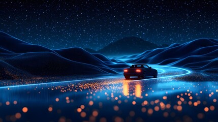 Poster - Experience the cosmos on wheels. A car navigates a radiant road beneath a starlit sky. Warm bokeh orbs enhance the surreal, futuristic landscape. Abstract wireframe in dark blue.