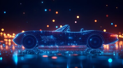 Poster - Futuristic neon sports car showcased against a bokeh backdrop. The glowing wireframe convertible reflects dynamically. Ideal for tech and automotive themes. Abstract wireframe in dark blue.