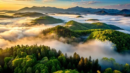 Poster - Misty Mountain Sunrise A Breathtaking Aerial View of Nature's Majesty