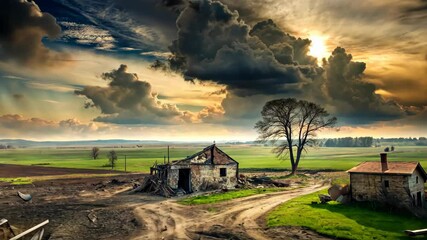 Aufkleber - Desolate Farm Under Dramatic Sunset Sky A Story of Abandonment and Resilience