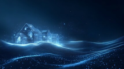 Poster - Futuristic homes glow above digital terrain. Wireframe houses with lit windows pierce the dark blue night sky. A vision of tomorrow's architecture. Abstract wireframe in dark blue.