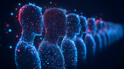 Aufkleber - Futuristic digital figures interconnected by a blue and red mesh network, conveying themes of AI and data. The prominent foreground figure draws focus. Abstract wireframe in dark blue.