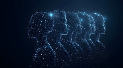 Fototapete - Futuristic interconnected human profiles glow against a dark backdrop. Networks of blue dots form mesh-like figures, symbolizing technology and connection. Abstract wireframe in dark blue.