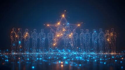 Aufkleber - Interconnected individuals glow in a digital realm. A central star, mirroring the networked design, shines brightly, supported by a luminous ground. Abstract wireframe in dark blue.