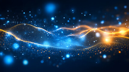 Leinwandbilder - Dynamic abstract with luminous particles forming a wave, shifting from blue to orange. Blurred spheres enhance depth and create an ethereal feel. Abstract wireframe in dark blue
