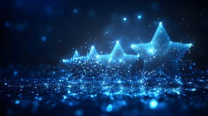 Fototapete - Three futuristic, blue, glowing stars ascend in size, emanating ethereal light on a glittering surface. Bokeh and particles enhance the scene's dreamy feel. Abstract wireframe in dark blue