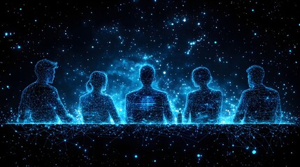 Poster - Five glowing, blue, wireframe figures stand behind a similarly constructed barrier. A dark, star-speckled background provides a futuristic, cosmic ambiance. Abstract wireframe in dark blue