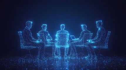 Poster - Digital figures convene around a wireframe table, one with an open laptop, in a futuristic, softly lit environment. A symbolic representation of modern collaboration. Abstract wireframe in dark blue.