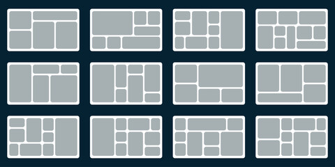 Set of Trendy bento grid layout style brick Ui UX templates. Grey on dark. Web comic grids, rounded corners. Different panel layouts with brutal shapes tiles of different sizes Vector illustration	
