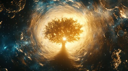 Wall Mural - A luminous tree shines brightly within a swirling cosmic nebula