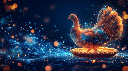Leinwandbilder - Futuristic Thanksgiving with a digital turkey atop a golden pie crust. Abstract network design against a deep blue backdrop evokes technological holiday spirit. Abstract wireframe in dark blue.