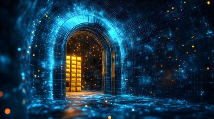 Poster - Futuristic abstract scene featuring a glowing blue grid archway leading to a stacked golden bar. Floating orange dots enhance depth, creating a digital environment. Abstract wireframe in dark blue
