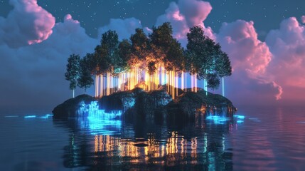 Wall Mural - An imaginary island scene with trees and colorful glowing lights