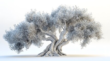 a majestic, ancient olive tree rendered in a wireframe style against a stark white background. its g