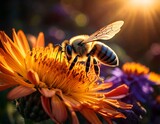Una abeja aterrizando en una flor.