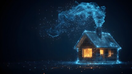 Poster - Digital rendering of a gabled house emanating warmth, depicted with glowing blue lines and points against a dark backdrop. Smoke billows from the chimney. Abstract wireframe in dark blue.