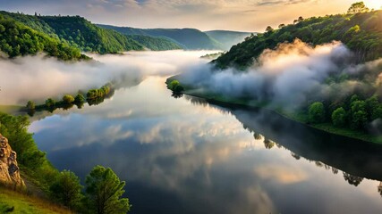 Poster - Serene River Valley Awakens in the Soft Light of Dawn