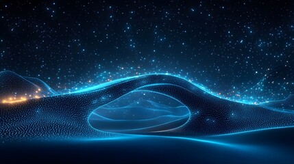 Aufkleber - Futuristic abstract with a glowing blue wave and star-like dots creates depth and cosmic appeal. Orange networks suggest connections in this surreal digital landscape. Abstract wireframe in dark blue
