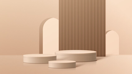 Wall Mural - Abstract minimal scene. Minimal podium with soft material base. Soft podium stages and product showcase platform with covers and golden in round and square shape. 