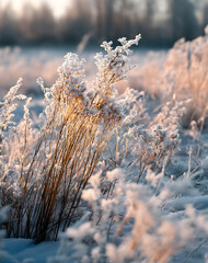 Wall Mural - Frozen Grass Blades Glowing in Sunrise Winter Field