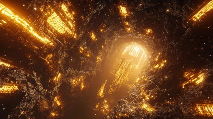 Wall Mural - A glowing tunnel revealing a city of golden light and structures