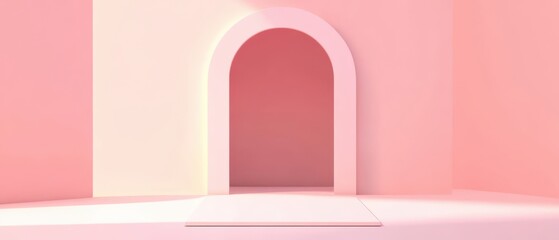 Wall Mural - minimalist pink room interior with arch doorway and soft light, creating a serene and modern archite