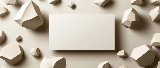 Wall Mural - minimalist geometric mockup with blank rectangle and polygonal shapes in neutral beige tones concept