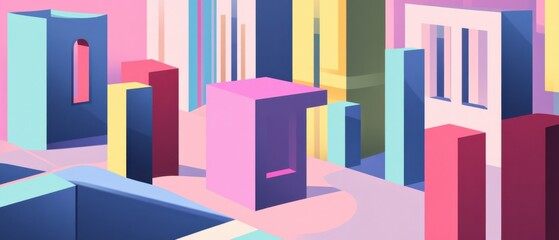 Wall Mural - abstract geometric cityscape illustration with pastel colors and minimalist design, creating a moder