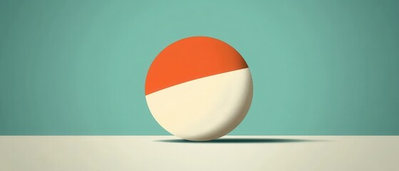 Wall Mural - minimalist orange and white sphere on a light surface against a teal background, creating a clean an