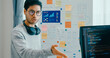 © tirachard - Group adult Asia male female software developers mentor leader manager talk strategy plan to executive write prompt AI bot IT app program nomad, video game, data center. Whiteboard slideshow code.