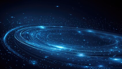 glowing blue nebula with concentric rings and sparkling dust