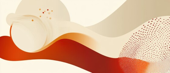 Wall Mural - abstract beige and red background with flowing shapes and halftone patterns, creating a modern and e