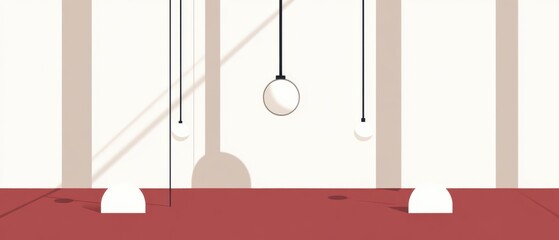 Wall Mural - minimalist interior with geometric shapes, hanging sphere lights, and shadows creating a modern, abs