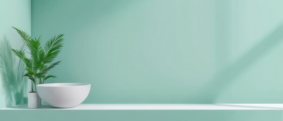 Wall Mural - minimalist bathroom interior with white bathtub and green plant against a light green wall concept o