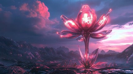 Wall Mural - futuristic landscape, its petals made of high-tech metal that glows with soft colors, responding to 