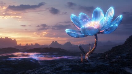 Wall Mural - futuristic landscape, its petals made of high-tech metal that glows with soft colors, responding to 