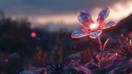 Wall Mural - futuristic landscape, its petals made of high-tech metal that glows with soft colors, responding to 