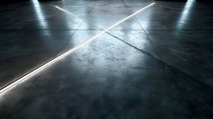 Illuminated floor design with intersecting light lines creates modern and elegant geometric patterns
