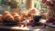 © Thirawat - peaceful breakfast table with steaming coffee and croissants, enhanced with a drizzle of honey and a scattering of berries
