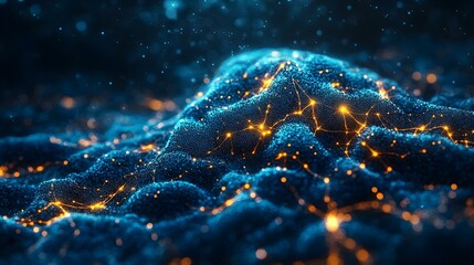 Complex network of glowing orange connections across a textured blue landscape with bokeh in the background