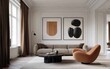 © Yothin - Elegant Living Room with Beige Sofa and Abstract Art