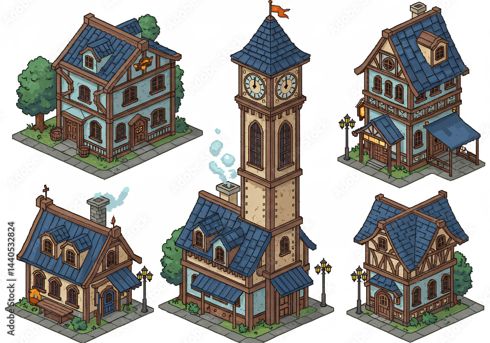 Isometric Pixel Art Village Buildings Blue and Brown Medieval Houses ...
