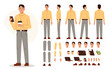 © Irina Strelnikova - Casual business man character constructor for animation. Front, side and back view set. Body parts, postures, poses collection. Vector illustration.