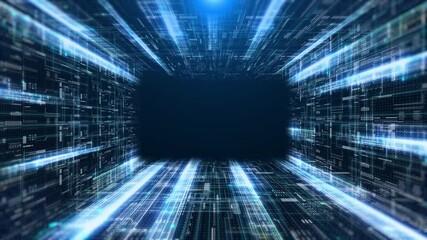 Fototapete - HUD futuristic with glow stream line data transfer communication tunnel cyber space. Digital technology big data analysis 4K motion platform.